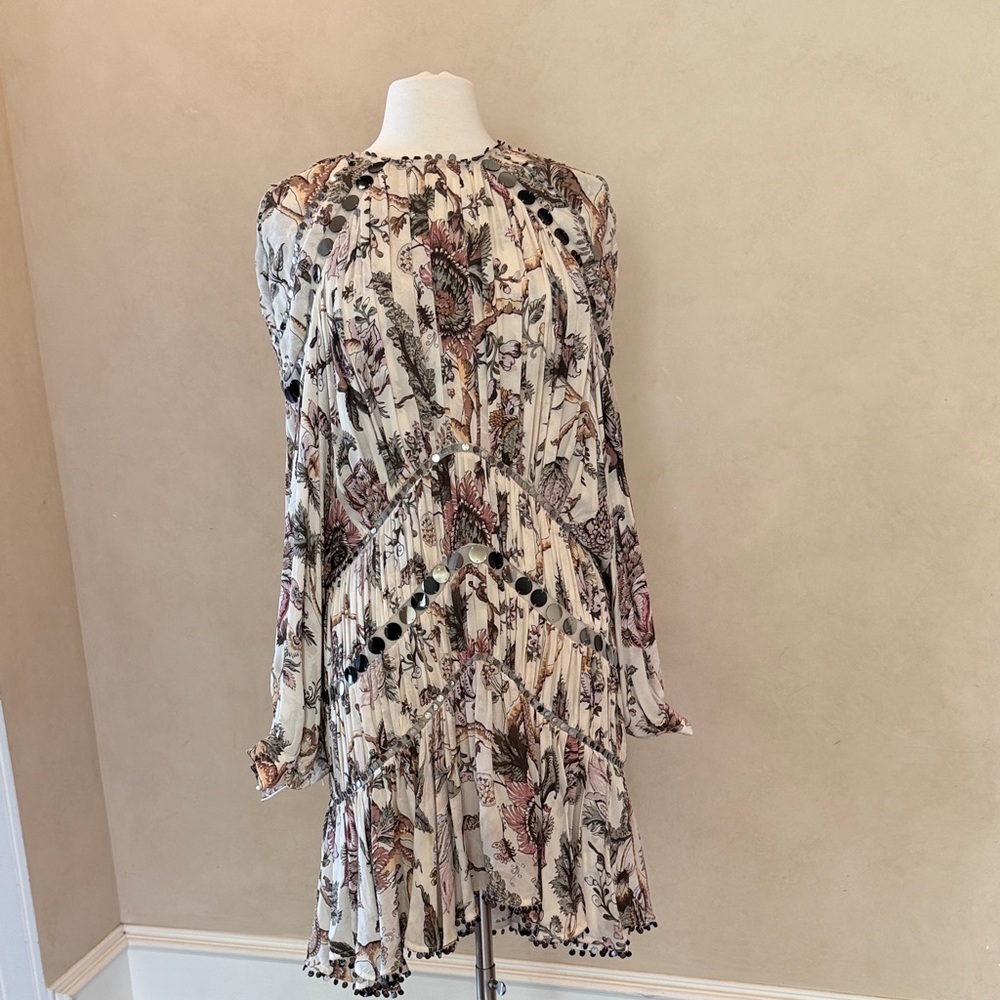 Zimmermann Ivory Floral Midi Dress with Pink & Brown Accents